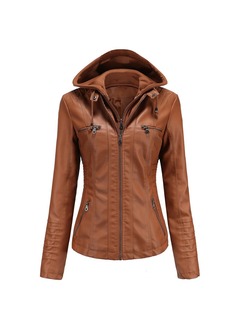 Women's Hooded Leather Jacket Two-Piece Set With Detachable Features Camel - Image 1