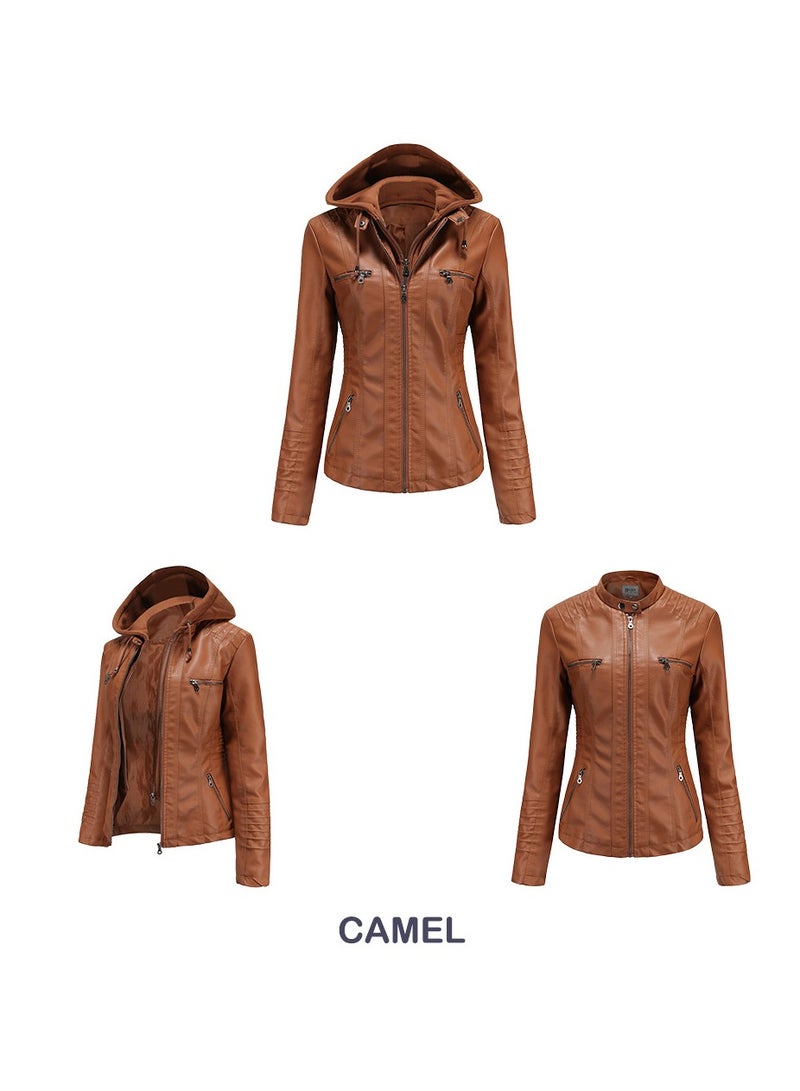 Women's Hooded Leather Jacket Two-Piece Set With Detachable Features Camel - Image 2