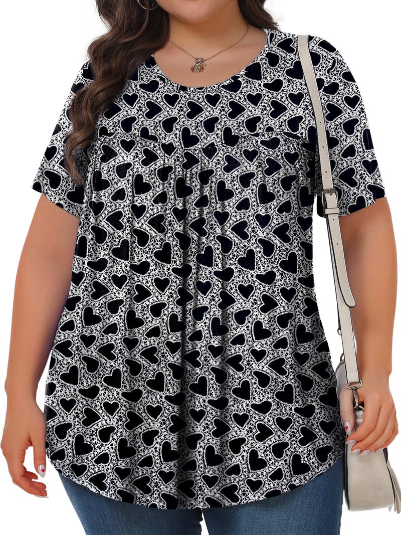 Tencede Womens Plus Size Tops Tunic Short Sleeve Crew Neck Shirts Casual Soft Blouse Black Heart 3X - Image 2