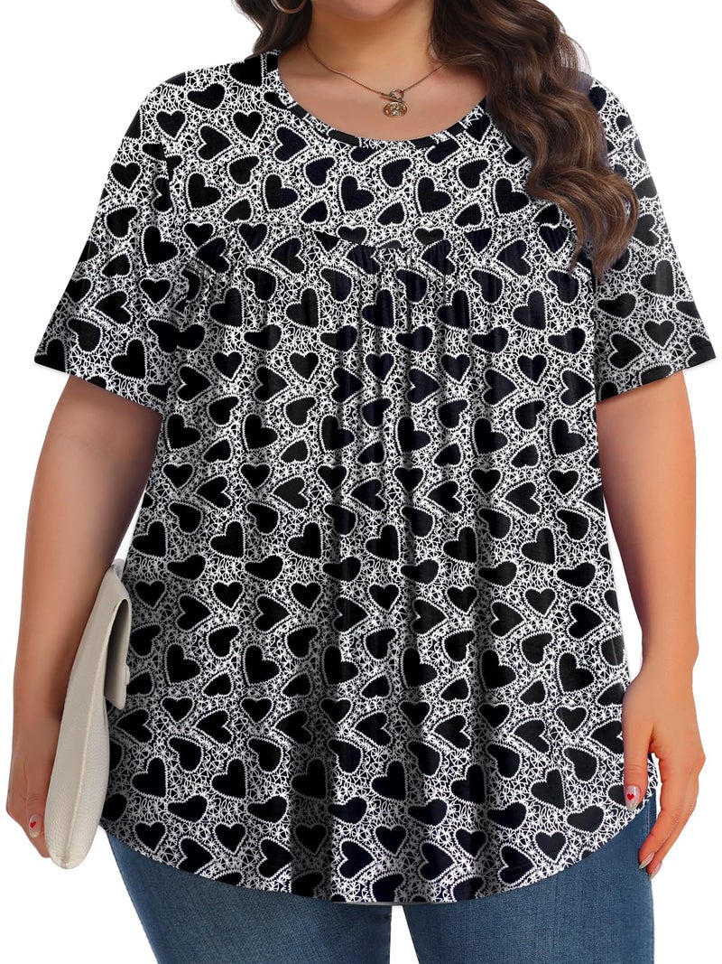 Tencede Womens Plus Size Tops Tunic Short Sleeve Crew Neck Shirts Casual Soft Blouse Black Heart 3X - Image 3