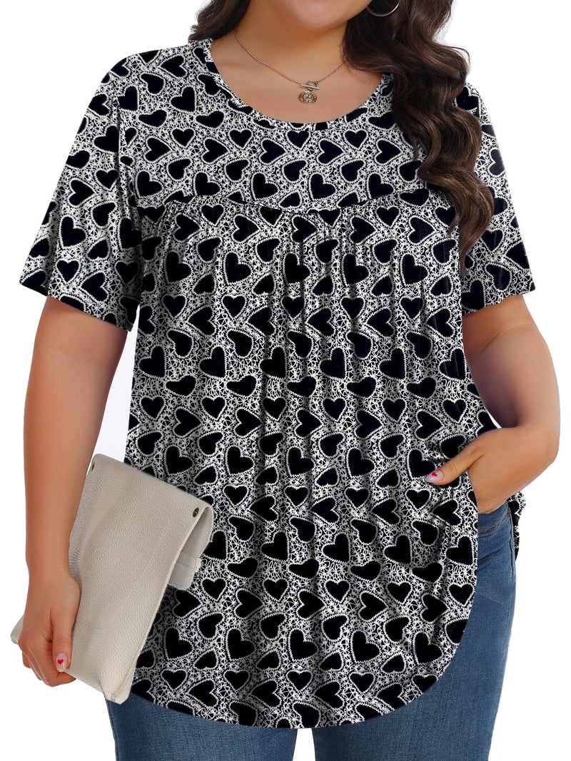 Tencede Womens Plus Size Tops Tunic Short Sleeve Crew Neck Shirts Casual Soft Blouse Black Heart 3X - Image 1