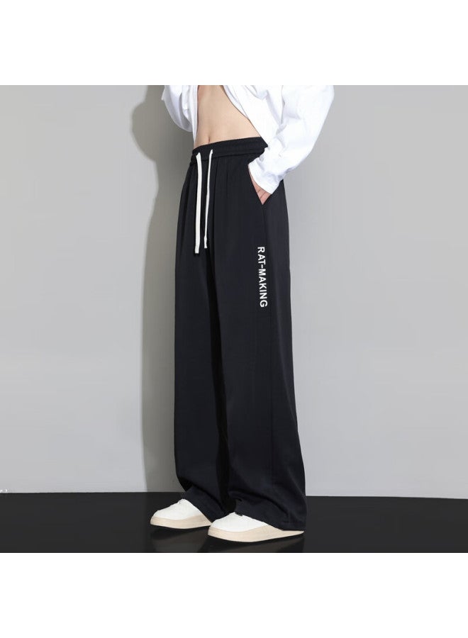 Foss Phil Men's Casual Pants Spring Summer Sports Ice Silk Loose-fit High-waisted Straight Pants Zl888 Black 2XL - Image 3