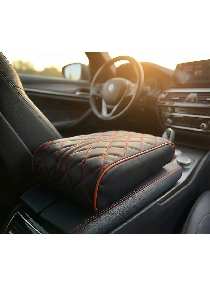 Leather center console armrest cushion with memory foam for most car models, herringbone stitching - red/black - Image 1