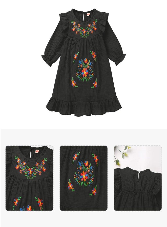 OBEEII Traditional Mexican Dress for Toddler Girl - Long Sleeve Floral Embroidered Peasant Dress - Cinco De Mayo Fiesta Folklorico - Black, 12-18 Months - Image 5