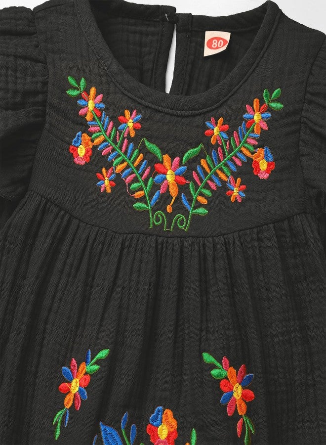 OBEEII Traditional Mexican Dress for Toddler Girl - Long Sleeve Floral Embroidered Peasant Dress - Cinco De Mayo Fiesta Folklorico - Black, 12-18 Months - Image 3