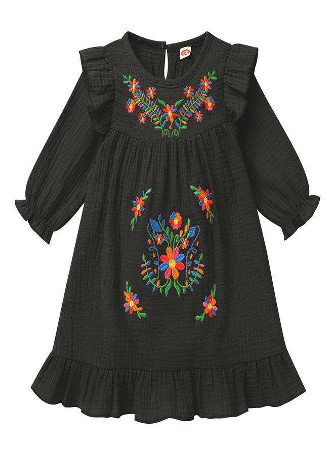 OBEEII Traditional Mexican Dress for Toddler Girl - Long Sleeve Floral Embroidered Peasant Dress - Cinco De Mayo Fiesta Folklorico - Black, 12-18 Months - Image 1