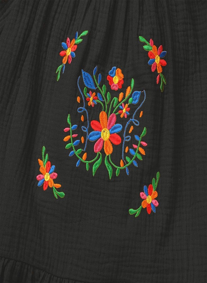 OBEEII Traditional Mexican Dress for Toddler Girl - Long Sleeve Floral Embroidered Peasant Dress - Cinco De Mayo Fiesta Folklorico - Black, 12-18 Months - Image 4