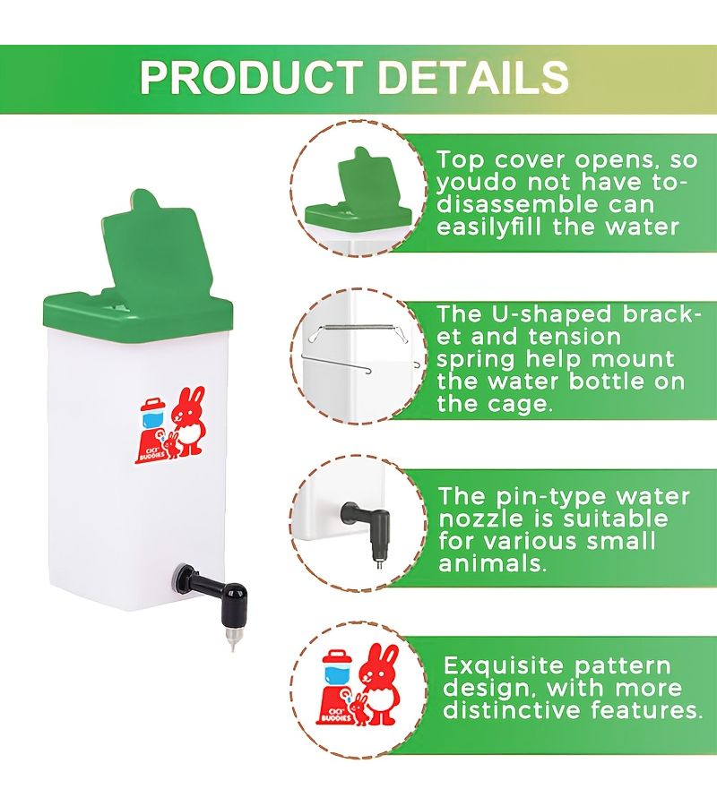 Rabbit Water Bottle Automatic Release Stainless Steel Nozzle 20.29 Oz Cage Hanging Dual Installation Sticker Design Suitable For Rabbits And Guinea Pigs - Image 2