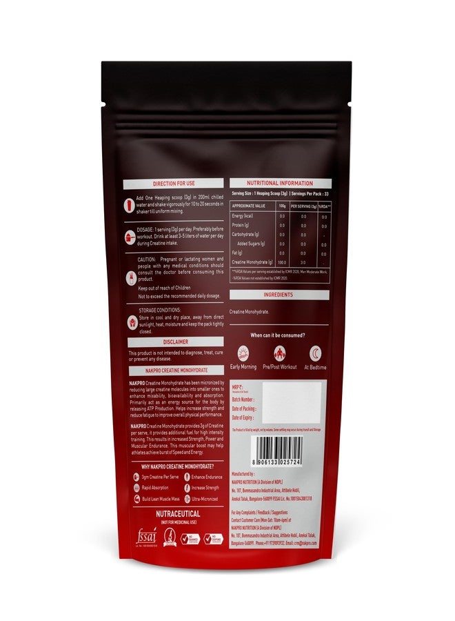 NAKPRO NUTRITION Micronised Creatine Monohydrate | 100g (33 Servings) | Unflavoured | Trustified Certified | Rapid Absorption Pre/Post Workout - Image 2