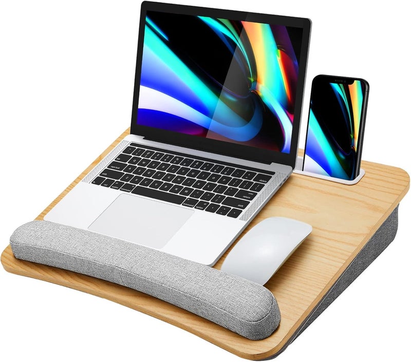 HUANUO Lap Laptop Desk Portable Lap Desk with Pillow Cushion Fits up to 156 inch Laptop with AntiSlip Strip Storage Function for Home Office Students Use as Computer Laptop Stand Light Wood