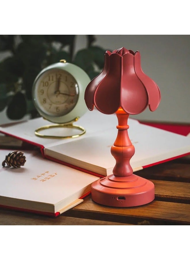European Mini Nightlight Nostalgic Retro Style Rechargeable Table Lamp Bedroom Bedside LED Eye Protection Lamp Manufacturers-Color:LD05 Lotus Rose Red  - Image 3