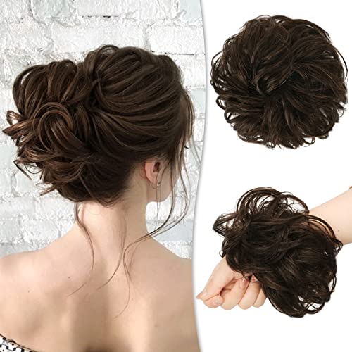 RUWISS Messy Bun Hair Piece Human Hair Messy Rose Bun Hair Buns for Women Real Hair Scrunchies Hair Piece Updo Hair Pieces Bun Extension Ponytail Messy Hair BunDark Brown with 15 Dark Cocoa Blonde - Image 1