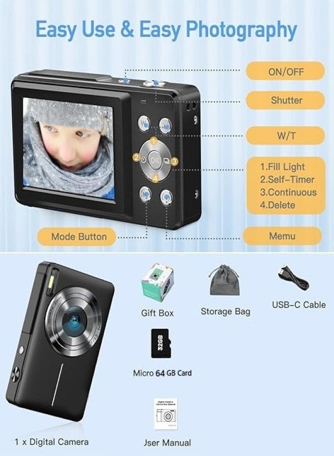 4K digital camera. cameras digital with 64GB card. 18X zoom digital camera. 4k Kids Camera 64MP Point and Shoot. Small, portable digital camera. camera for kids and adults, suitable for travel. White. - Image 4