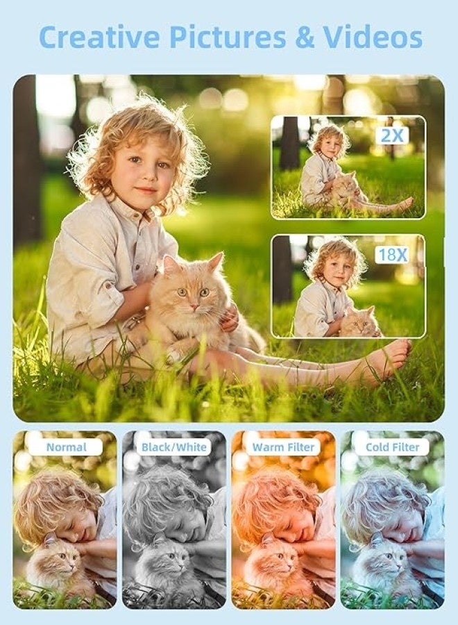 4K digital camera. cameras digital with 64GB card. 18X zoom digital camera. 4k Kids Camera 64MP Point and Shoot. Small, portable digital camera. camera for kids and adults, suitable for travel. White. - Image 5