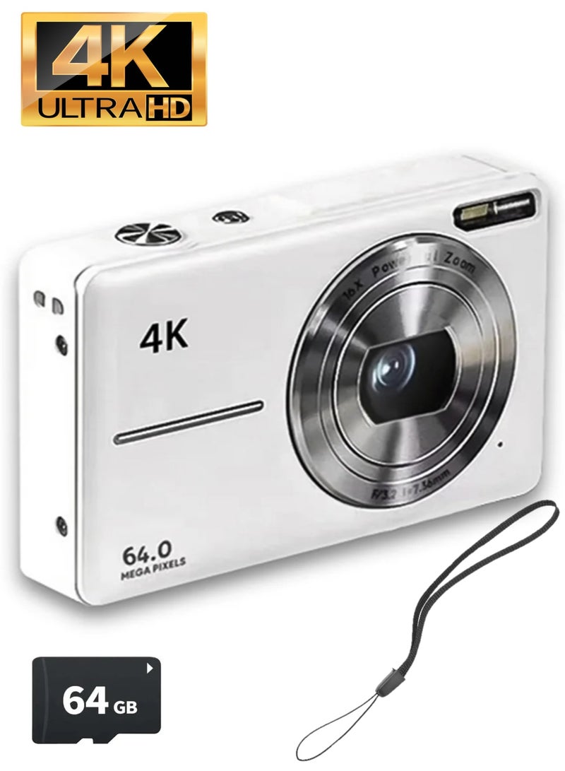 4K digital camera. cameras digital with 64GB card. 18X zoom digital camera. 4k Kids Camera 64MP Point and Shoot. Small, portable digital camera. camera for kids and adults, suitable for travel. White. - Image 1