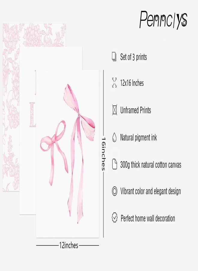 Pennclys Pink Bow Floral Wall Art Preppy Aesthetic Canvas Wall Decor Trendy Coquette Posters Pink Bow Pictures Chinoiserie Flower Prints Painting for Girls Dorm College Apartment 12x16 Inch Unframed Set of 3 - Image 2