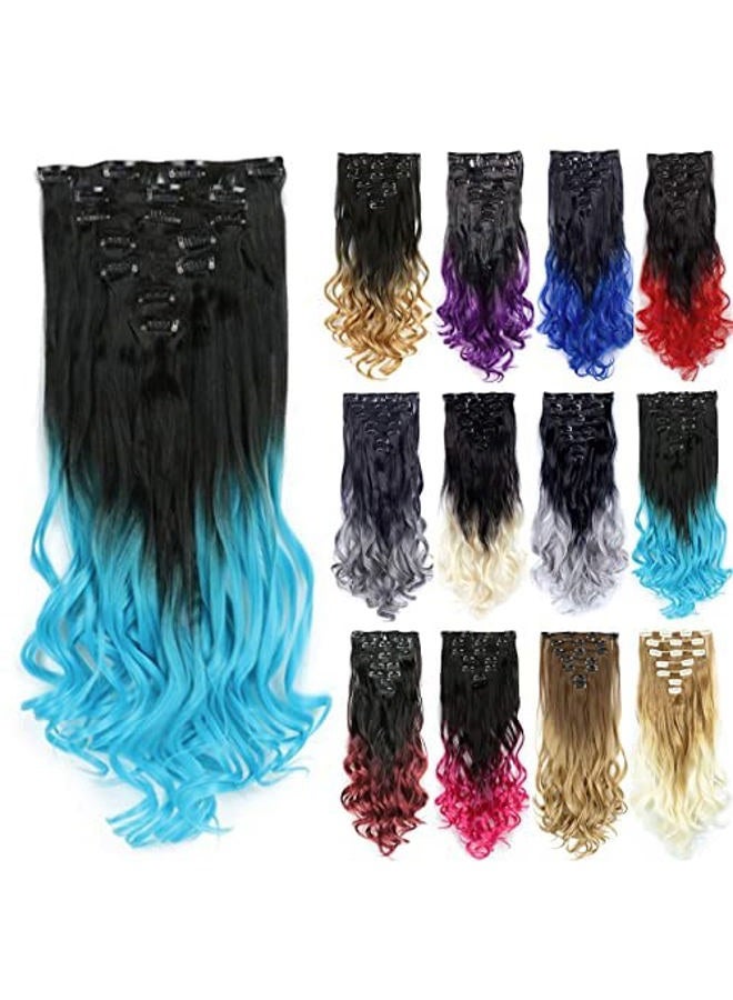 IMISSU 7PCS Set Long Curly Clip in Hair Extension Ombre Color Full Head Hair Extensions Hairpiece for Girl (Ombre Sky Blue) - Image 1
