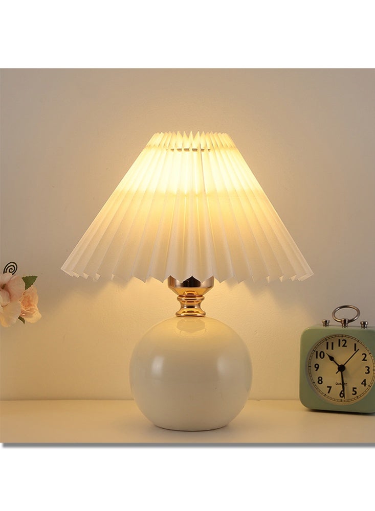 Monda Cream White Ceramic Ball Table Lamp – Pleated Lampshade Ambient Light for Bedroom Bedside - Image 1