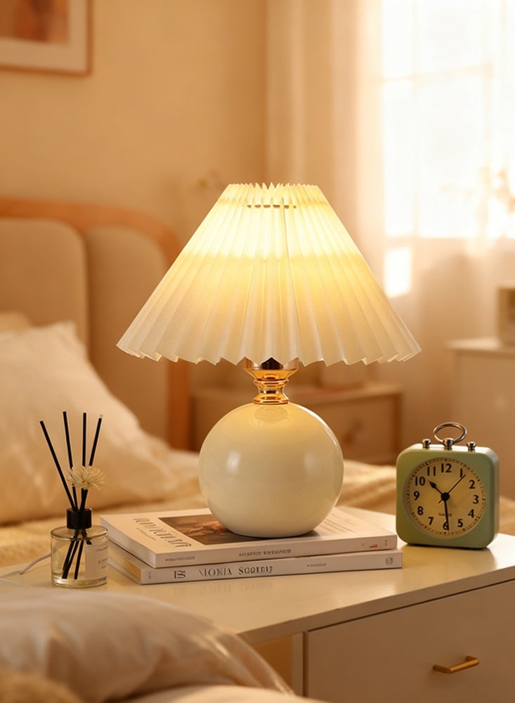 Monda Cream White Ceramic Ball Table Lamp – Pleated Lampshade Ambient Light for Bedroom Bedside - Image 4