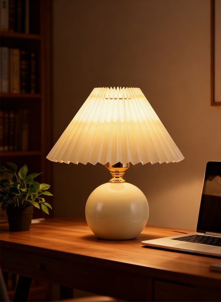 Monda Cream White Ceramic Ball Table Lamp – Pleated Lampshade Ambient Light for Bedroom Bedside - Image 5