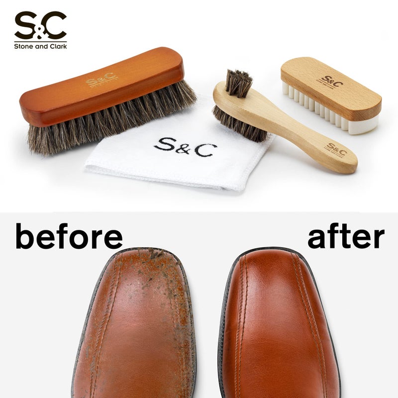 Stone and Clark Variety Shoe Brush Kit - Double-Sided Shoe Polish Applicator & Horse Hair Brushes for Polishing - Nubuck & Suede Brush for Shoes, Soft Leather Cleaning with Microfiber Cloth  - Image 4