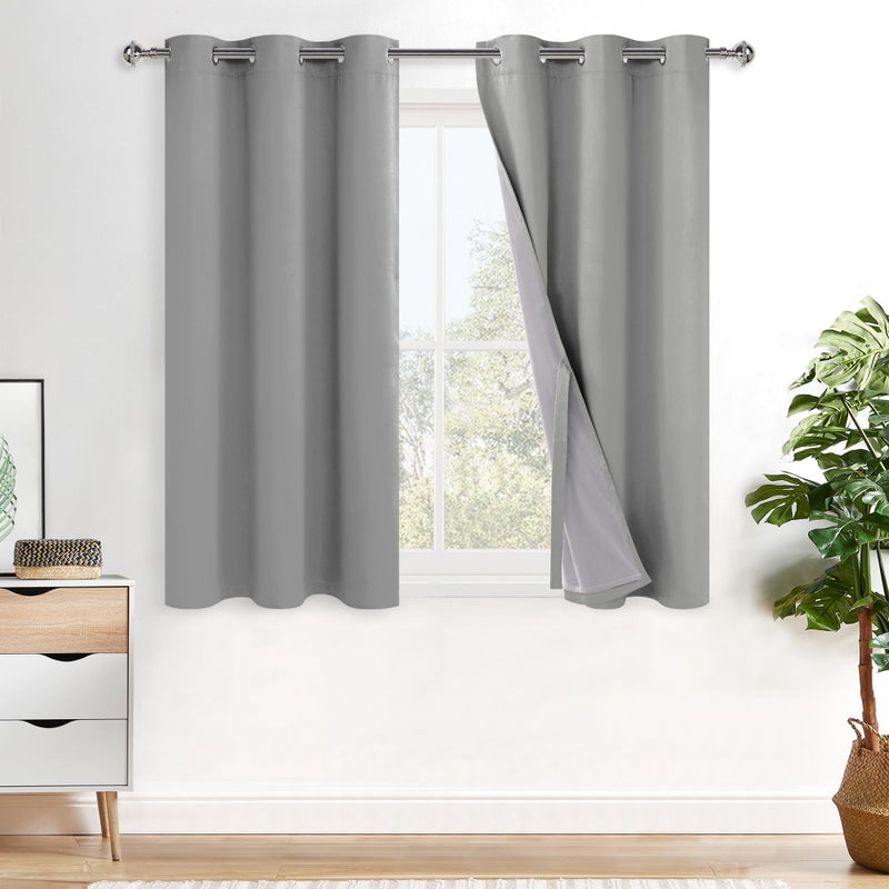 XWZO Full Shading Blackout Curtains 45 Inches Length with Tiebacks- Heat and Light Blocking Ring Top Window Drapes with Black Liner Backing for Bedroom/Kid's Room  Light Grey  W42 x L45  Set of 2 - Image 1