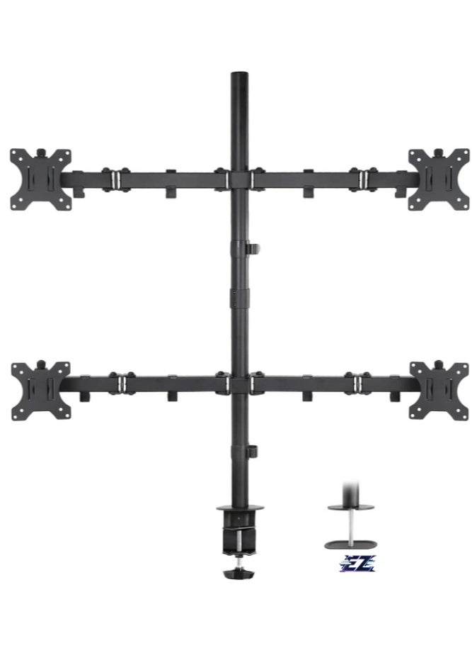 Gravity 4 Monitor Mount Stand – Quad Desk Mount for 4 Screens (Up to 32”), Height Adjustable Arms, Heavy Duty C-Clamp & Grommet Bases, Black - Image 1