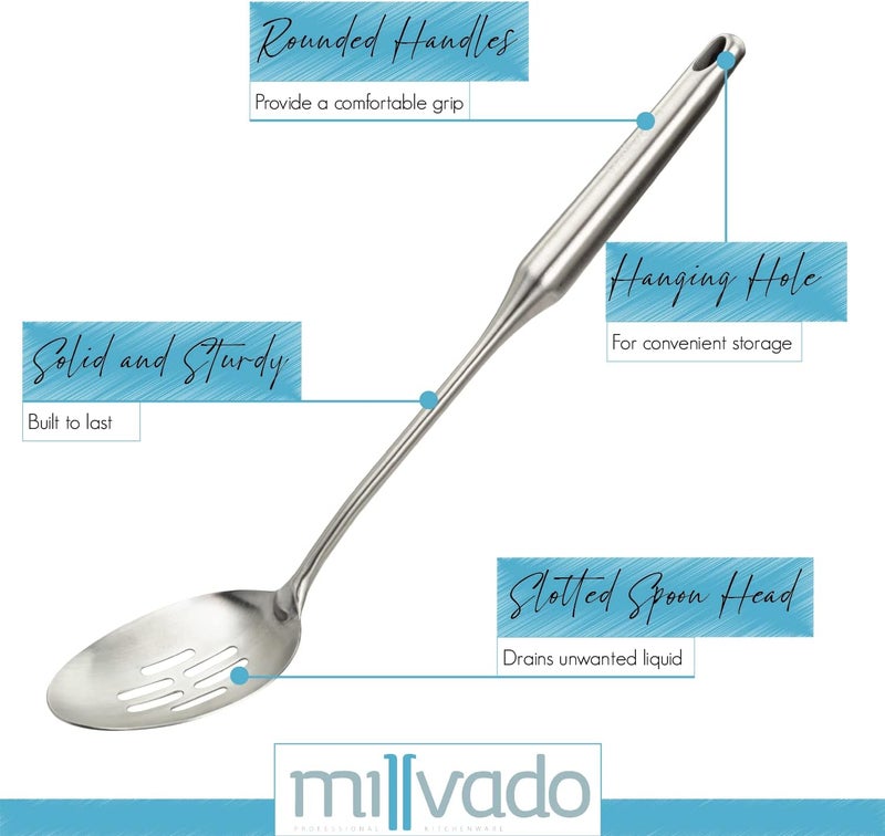 Millvado Stainless Steel Slotted Cooking Spoon, Large Metal Chef Strainer Utensil For Cooking, Serving, And Mixing, The #1 Dishwasher Safe Kitchen Tool, 15" Long Spoon With Holes - Image 2