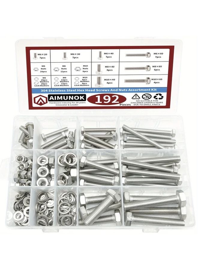 192pcs M6 M8 M10 Hardware Nuts And Bolts Assortment Kit Heavy Duty Metric Machine Screws Nuts Washers 304 Stainless Steel - Image 1