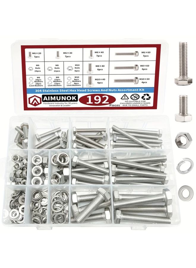 192pcs M6 M8 M10 Hardware Nuts And Bolts Assortment Kit Heavy Duty Metric Machine Screws Nuts Washers 304 Stainless Steel - Image 2