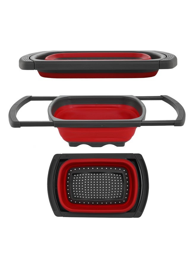 PRIME PICK مصفاة قابلة للطي مع مقابض قابلة للتوسيع و فرشاة سيليكون | مصفاة خضار/فاكهة فوق الحوض | سيليكون مقاوم للحرارة | تصميم قابل للتكديس وتوفير المساحة | مكرونة، خضار (أحمر) - Image 1