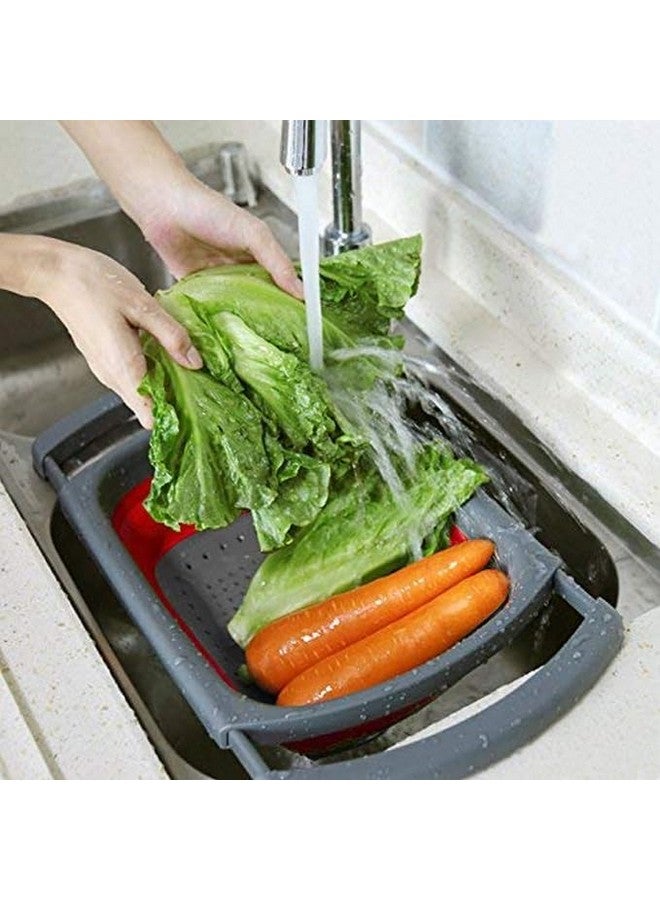PRIME PICK مصفاة قابلة للطي مع مقابض قابلة للتوسيع و فرشاة سيليكون | مصفاة خضار/فاكهة فوق الحوض | سيليكون مقاوم للحرارة | تصميم قابل للتكديس وتوفير المساحة | مكرونة، خضار (أحمر) - Image 2