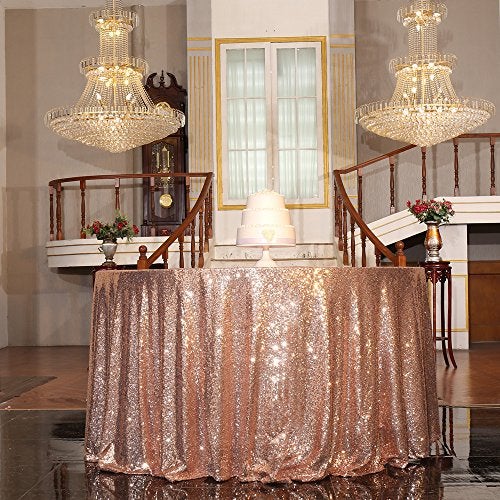 PartyDelight Rose Gold Sequin Tablecloth Round 120 Table Linen for Wedding Banquet Party