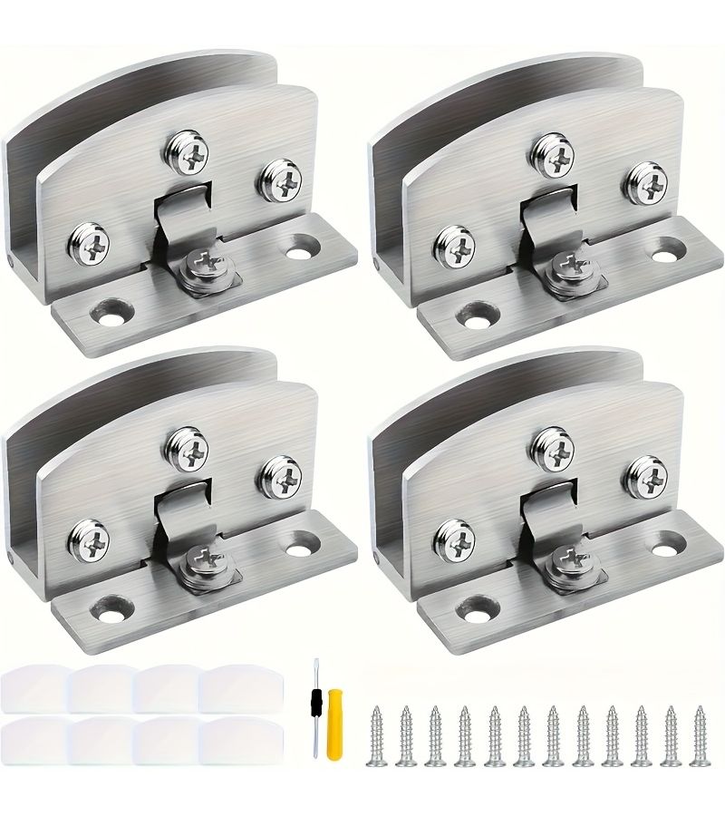 4 Pack Adjustable Zinc Alloy Glass Door Hinges 5 8mm Thickness Brushed Polished Finish No Drill Installation With Screws Transparent Film And Screwdriver For Display Cabinets And Kitchen Cabinetry - Image 1