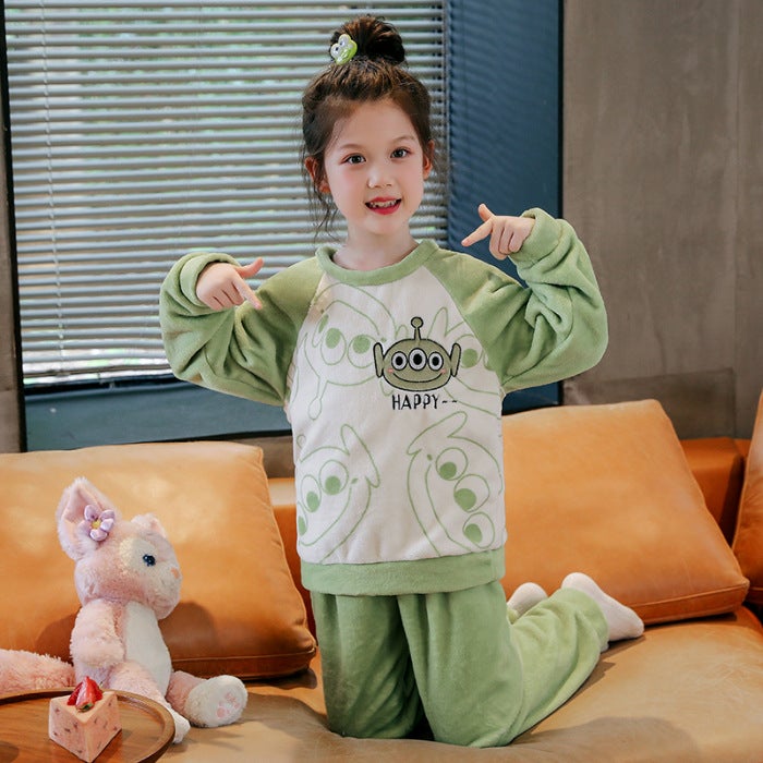 Children'S Flannel Pajamas Girls Girls Thin Fleece Coral Fleece Big Children'S Thermal Underwear Suit - Image 1