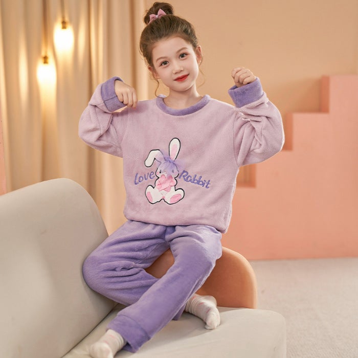 Children'S Flannel Pajamas Girls Girls Thin Fleece Coral Fleece Big Children'S Thermal Underwear Suit - Image 3