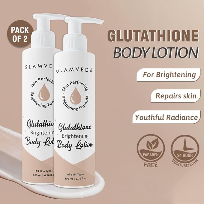 Glamveda Glutathione Body Lotion Moisturizer 200ml Pack Of 2 | 24hr Deep Moisturization | Skin Brightening | Non Greasy, Lightweight Hydrating Moisture for Glowing, Repairs & Softens Skin | All Skin - Image 2