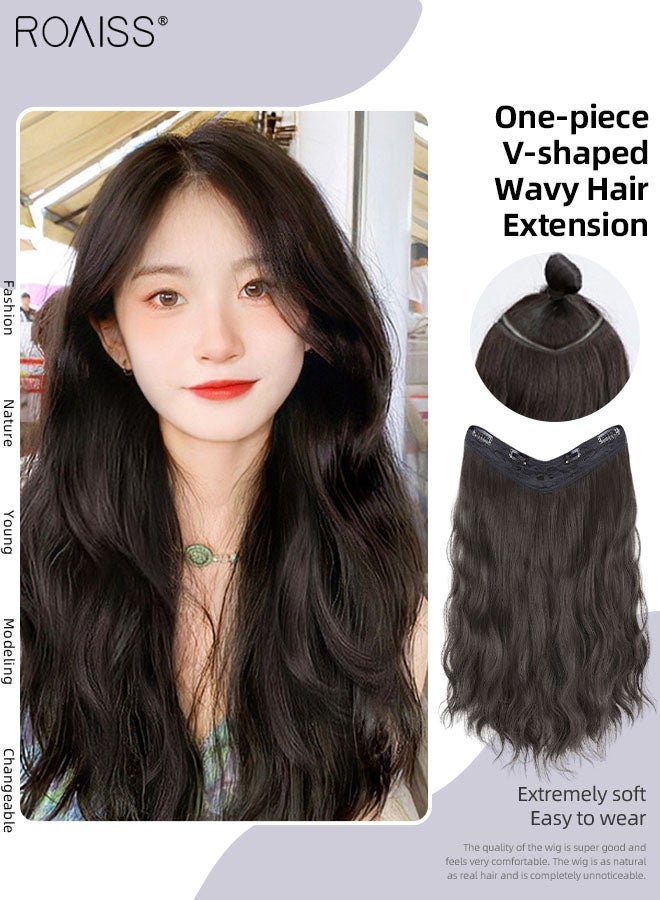 roaiss V-Shaped Brown Black Hair Extensions, One Piece Long Wavy Hair Extension with 4 Clips, Heat Resistant Synthetic Hairpiece for Women Girls, 60cm (23.6 inches)  - Image 1