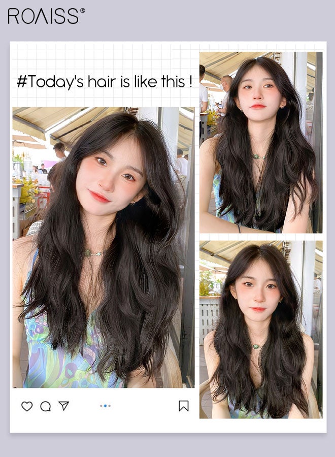 roaiss V-Shaped Brown Black Hair Extensions, One Piece Long Wavy Hair Extension with 4 Clips, Heat Resistant Synthetic Hairpiece for Women Girls, 60cm (23.6 inches)  - Image 4