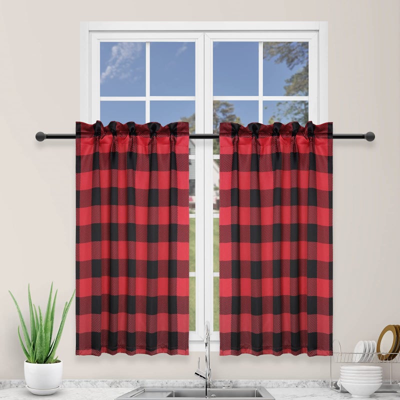 Simple Deluxe Buffalo Check Kitchen Tier Curtains, Plaid Gingham Small Curtain for Half Cafe Windows, 26" W x 30" L, Black and Red - Image 1