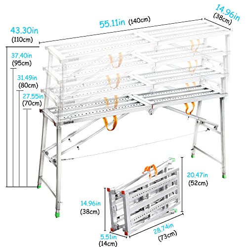 Daxiang Portable Scaffolding Platform 55(L) x15(W) x27-43(H)'' Work Platform Adjustable Height Steel 600 LBS Load Capacity Folding Step Ladder Drywall Painting Stool - Image 2