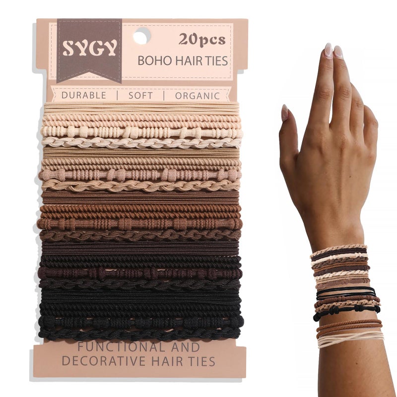 SYGY 20 PCS Boho Hair Ties, Bracelets Hair Ties for Thick or Thin Hair, 4 Styles Boho Ties for Ponytail Holders, 2.36â€™â€™ Hair Ties No-Damage, Chirstmas Gifts, Brown - Image 1