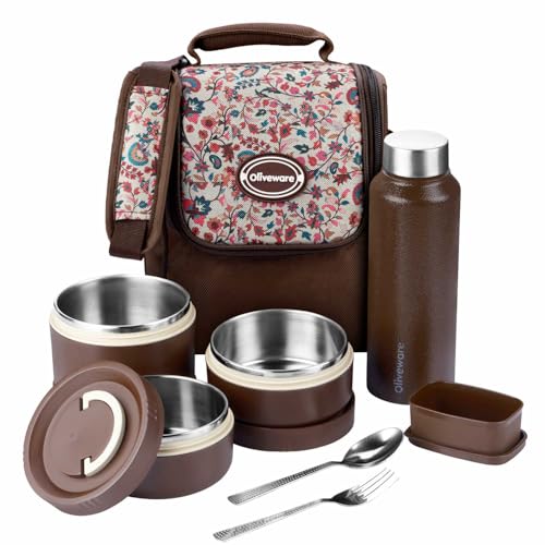 SOPL-OLIVEWARE oliveware TESO Musk Lunch Box | 3 Microwave-Safe Containers (2×420ml, 1×620ml) + 750ml Steel Bottle + 130ml Pickle Box + Steel Cutlery | Premium Carry Bag | Freezer & Dishwasher Safe (Off White) - Image 1