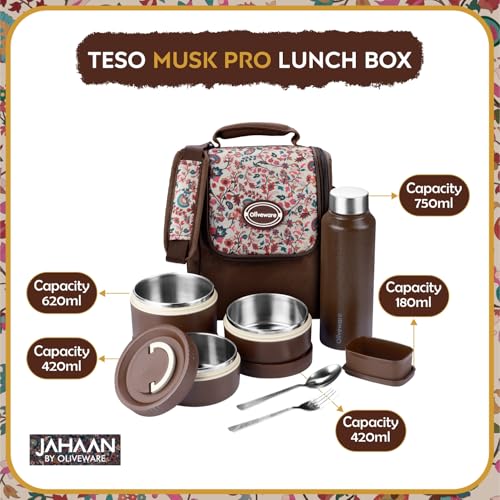 SOPL-OLIVEWARE oliveware TESO Musk Lunch Box | 3 Microwave-Safe Containers (2×420ml, 1×620ml) + 750ml Steel Bottle + 130ml Pickle Box + Steel Cutlery | Premium Carry Bag | Freezer & Dishwasher Safe (Off White) - Image 2