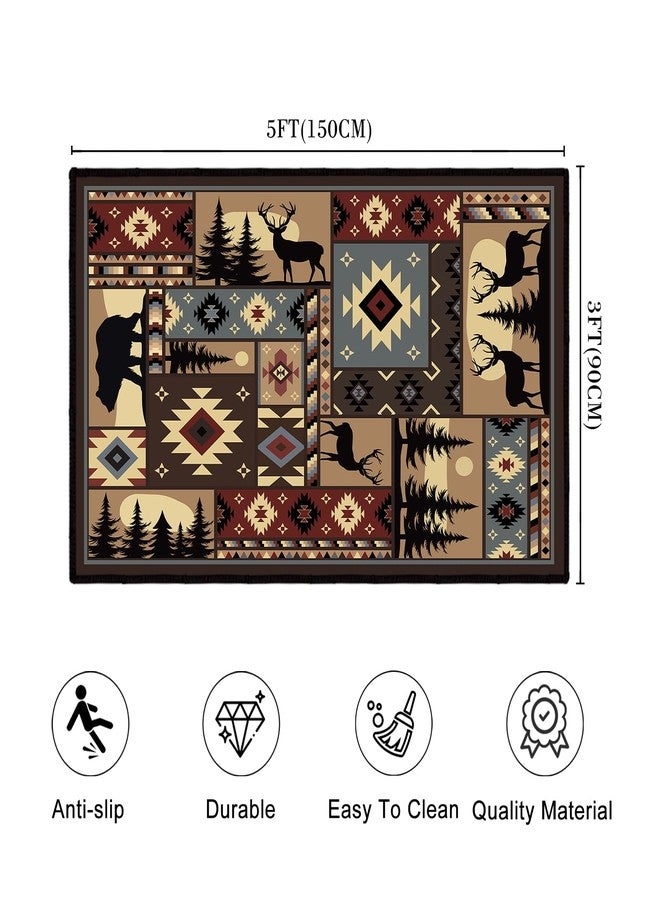 KENADVI سجادة أرضية ريفية بنمط الحياة البرية، مقاس 3×5، قابلة للغسل، مناسبة لغرفة النوم، بنقشة مربعات الجاموس والدببة والأيائل والغزلان، سجادة ريفية مانعة للانزلاق، سجادة أرضية صغيرة للمدخل وغرفة المعيشة وغرفة الغسيل والمكتب - Image 3