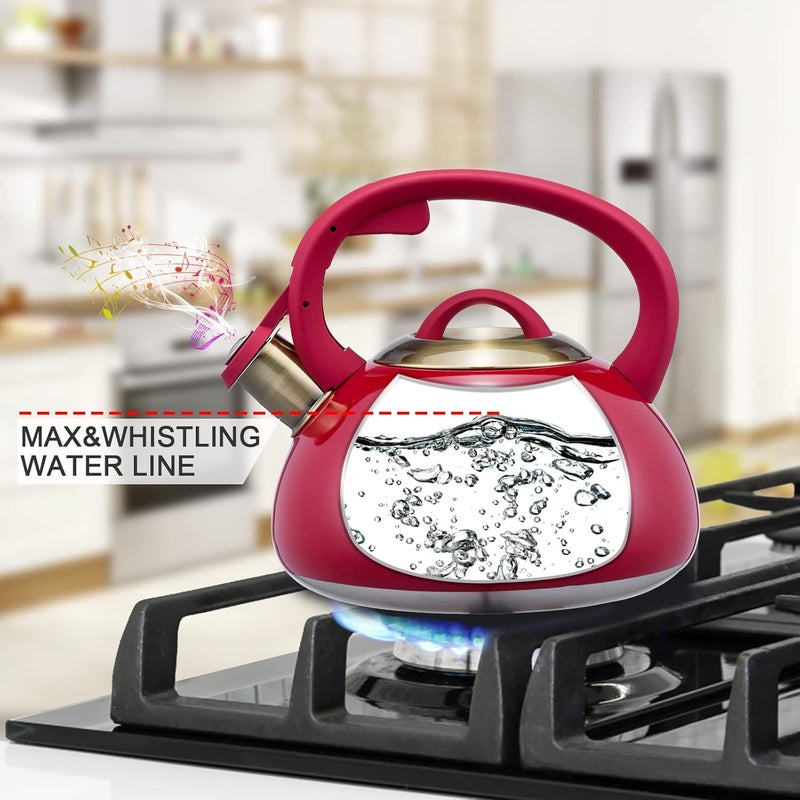 LUXGRACE Whistling Tea Kettle Stainless Steel Teapot, Teakettle for Stovetop Induction Stove Top, Fast Boiling Heat Water Tea Pot 2.5 Quart(Red) - Image 4