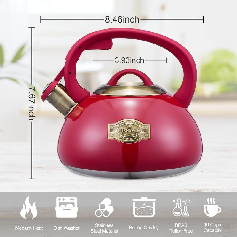 LUXGRACE Whistling Tea Kettle Stainless Steel Teapot, Teakettle for Stovetop Induction Stove Top, Fast Boiling Heat Water Tea Pot 2.5 Quart(Red) - Image 5