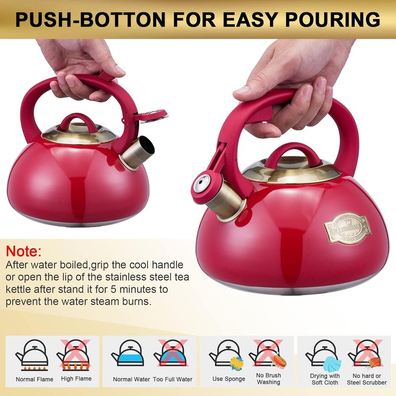 LUXGRACE Whistling Tea Kettle Stainless Steel Teapot, Teakettle for Stovetop Induction Stove Top, Fast Boiling Heat Water Tea Pot 2.5 Quart(Red) - Image 2