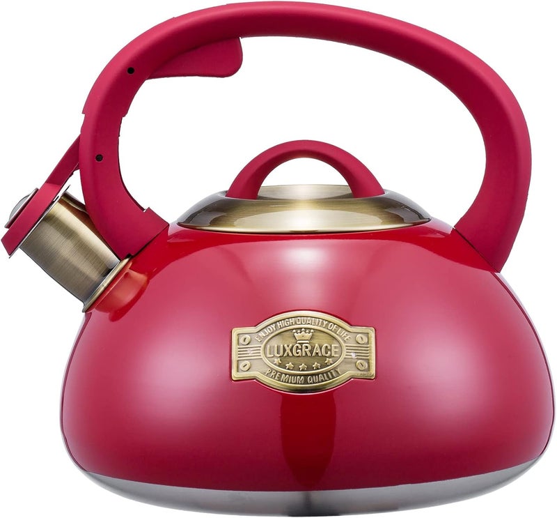 LUXGRACE Whistling Tea Kettle Stainless Steel Teapot, Teakettle for Stovetop Induction Stove Top, Fast Boiling Heat Water Tea Pot 2.5 Quart(Red) - Image 1