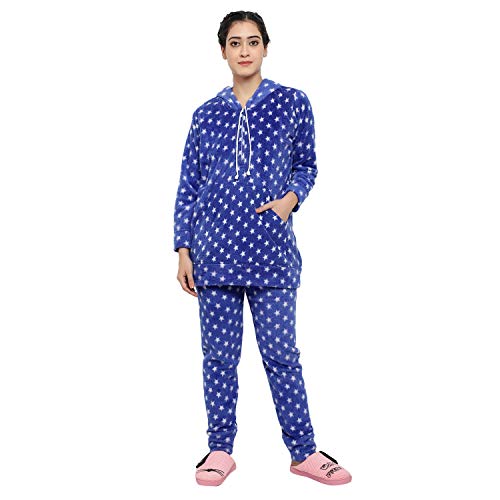 CIERGE Women's Woollen Abstract Print Star Pattern Hoodie Night Suit (Free Size , Blue) - Image 1